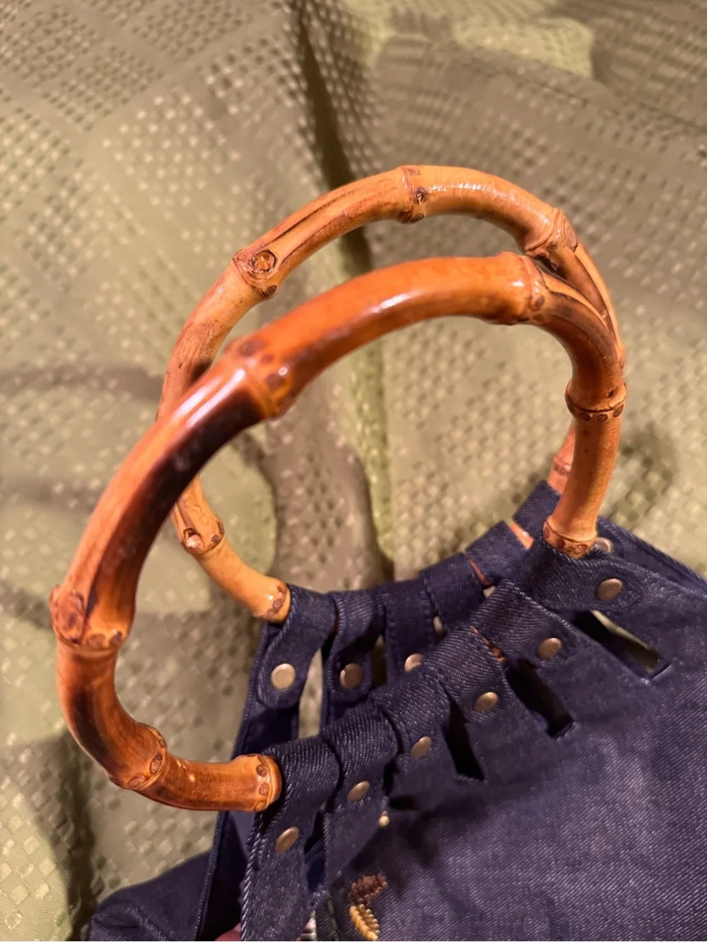 Handheld Bamboo-Handle Embroidered Navy Tote - Picture 4 of 7